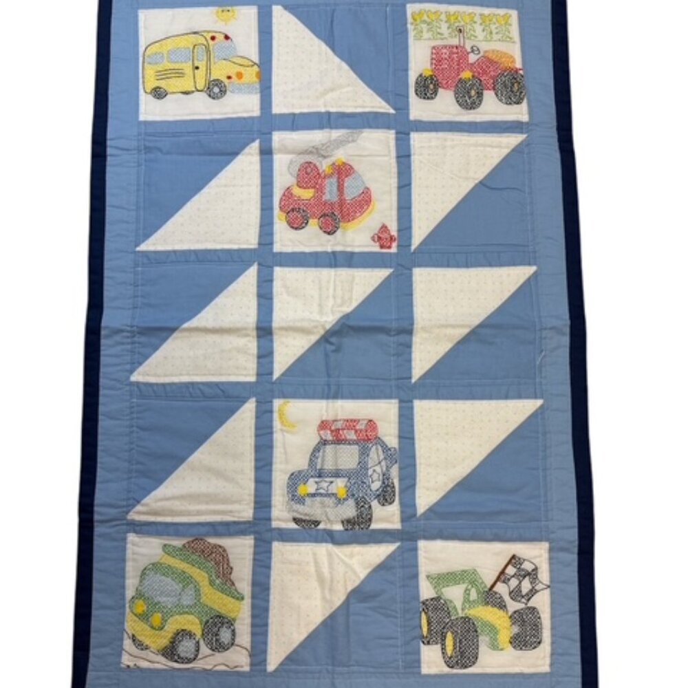 Homemade Embroidered Cross Stitch Baby Boy Blanket Police Fire Dump Truck 39"x26